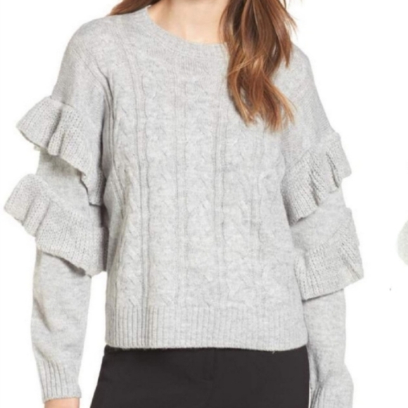 WAYF‎ Sophie Crop Cable Knit Sweater Heather Gray Ruffle Sleeve Women Large Crew - Picture 3 of 16